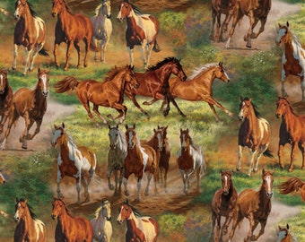 David Textiles Horses in The Meadow Scenic Multicolor Premium Quality 100% Cotton Fabric by The Yard. (DA39XX)