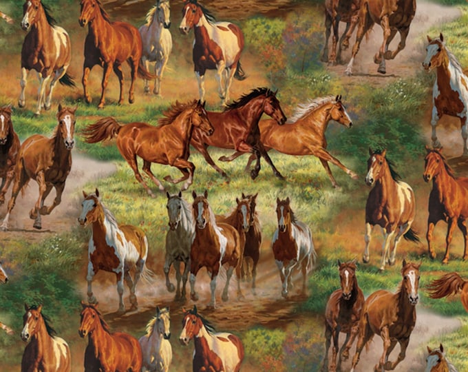 David Textiles Horses in The Meadow Scenic Multicolor Premium Quality 100% Cotton Fabric by The Yard. (DA39XX)