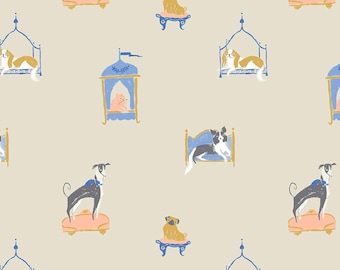 Dear Stella Royal Picnic Lounging Pups Camel Premium Quality 100% Cotton Fabric (TT718)