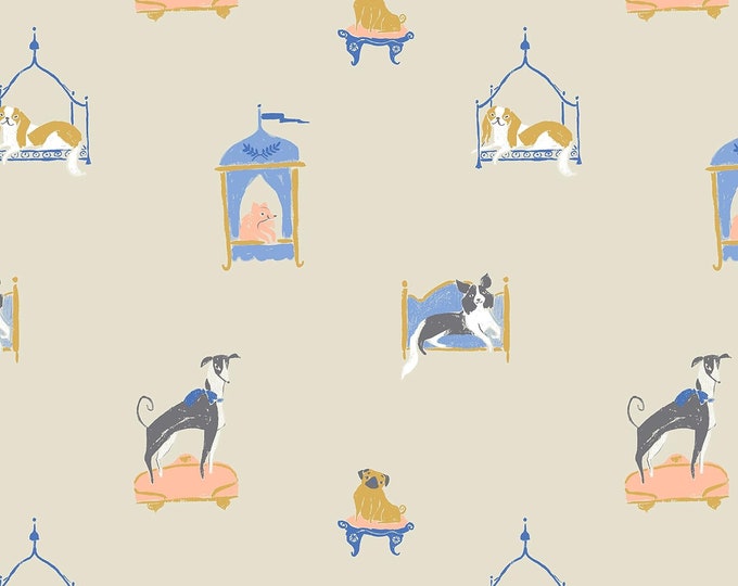 Dear Stella Royal Picnic Lounging Pups Camel Premium Quality 100% Cotton Fabric (TT718)