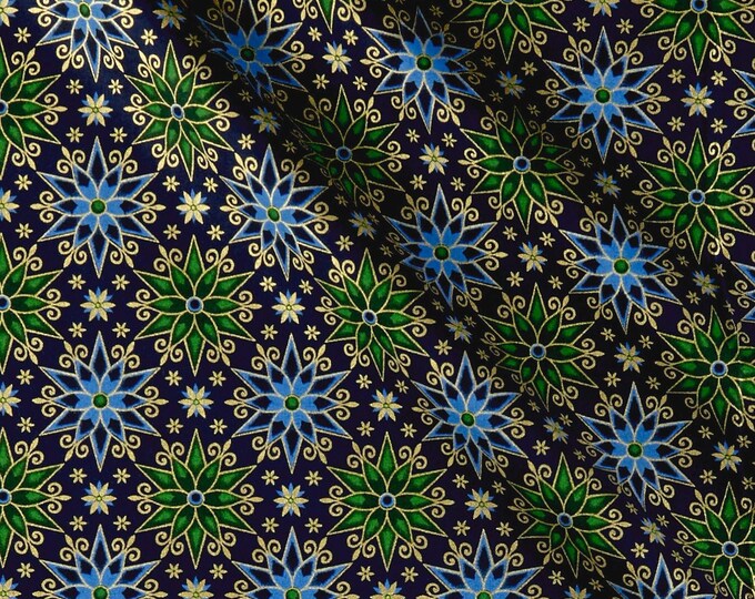 Quilting Treasures Miracle In Bethlehem Geo Poinsettias Gold Metallic/Navy Premium Quality 100% Cotton Fabric (QT1144KK)