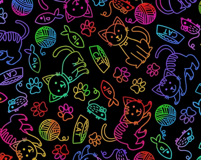 Timeless Treasures Cat & Mouse Rainbow Outline Bright Colored Black Premium Quality 100% Cotton Fabric (TT1255KK)