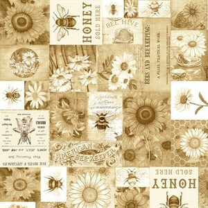 May include: A vintage-style collage featuring bees, honey, and sunflowers. The image includes text such as "Honey", "Sold Here", "Bee Hive", and "Bees and Bee-Keeping".