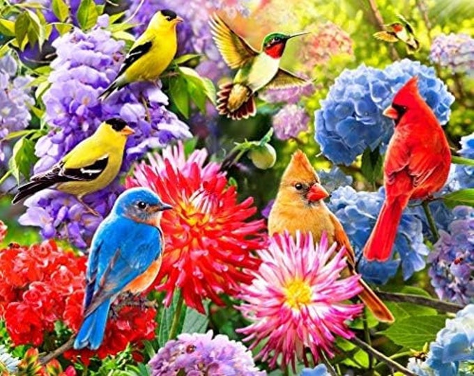 Birds and Flowers Panel Multicolor Premium Quality 100% Cotton Fabric by The Panel. (M14KK)