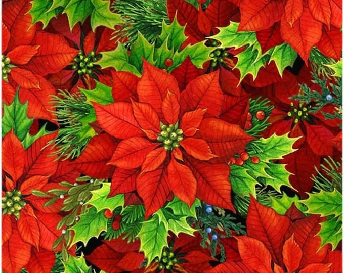 Elizabeth's Studio Musical Christmas Red Pointsettias Premium Quality 100% Cotton Fabric (ES469CC)