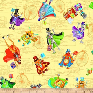 May include: A yellow fabric with a repeating pattern of robots, bicycles, and letters. The robots are wearing top hats and capes. The bicycles have large wheels. The letters are in a block font.