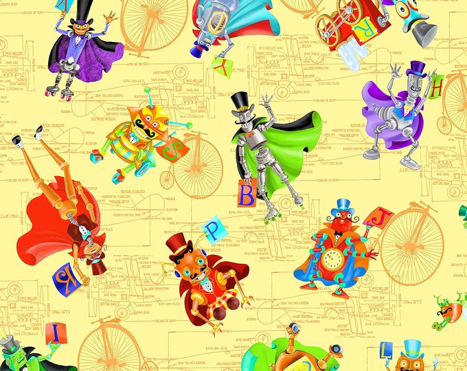 Quilting Treasures Bits & Bots Spaced Robots Light Yellow Premium Quality 100% Cotton Fabric (QT1028)