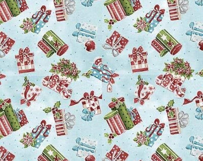 Fabri-Quilt Season Greetings Gifts in Light Blue Premium Quality 100% Cotton Fabric (FQ188)