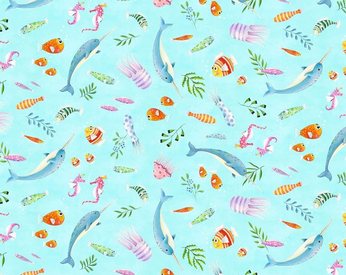 Elizabeth's Studio Little Mermaids Tossed Sea Creatures Soft Blue Premium Quality 100% Cotton Fabric (ES4KK)