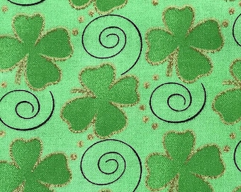 Saint Patrick's Tossed Shamrocks Glitter Print Premium Quality 100% Cotton Fabric (RK78CC)