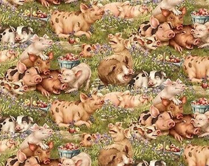 Elizabeth's Studio ThHappy Green Scenic Pigs Premium Quality 100% Cotton Fabric (ES452CC)