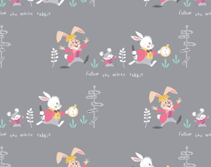 Camelot Fabrics Disney Alice in Wonderland Collection Follow The White Rabbit Grey Premium Quality 100% Cotton Fabric (CA1446KK)