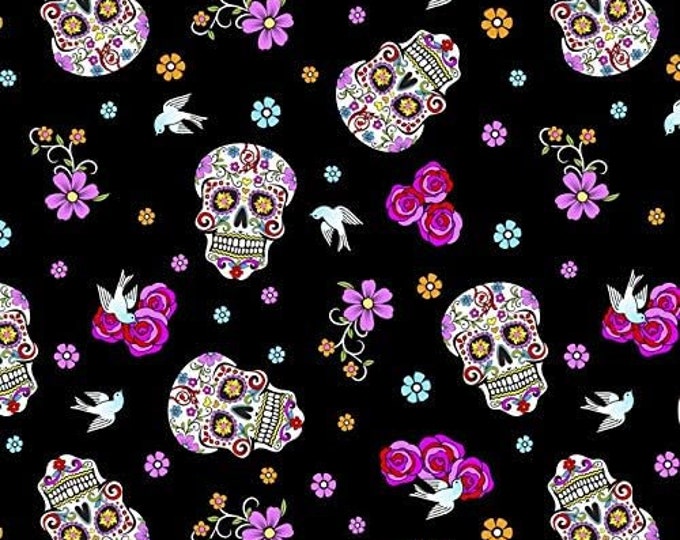 David Textiles Folkloric Skulls Day of The Dead with Glitter Premium Quality 100% Cotton Fabric (DA92)