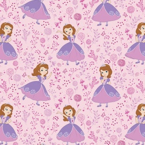 May include: A seamless pattern featuring a princess in a purple dress with a pink bodice and a crown. The princess is surrounded by pink flowers, leaves, and butterflies on a pink background.