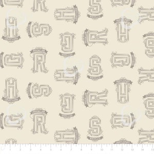 May include: Cream-colored fabric featuring repeating designs of the letters G, H, R, and S, each within a decorative frame. The names of the Hogwarts houses, Gryffindor, Hufflepuff, Ravenclaw, and Slytherin, are displayed on banners.
