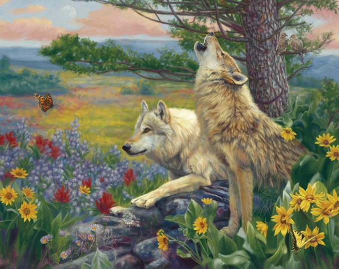 David Textiles Cute Wolves in The Springs Multicolor 35" Panel Premium Quality 100% Cotton Fabric by The Panel. (DA41XX)