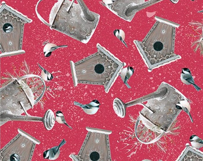 Quilting Treasures Winter Garden Birdhouses & Watering Cans Red Premium Quality 100% Cotton Fabric (QT582AA)