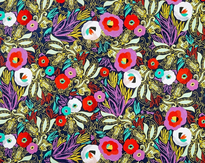 Quilting Treasures Adeline Linear Floral Navy Premium Quality 100% Cotton Fabric (QT1087)
