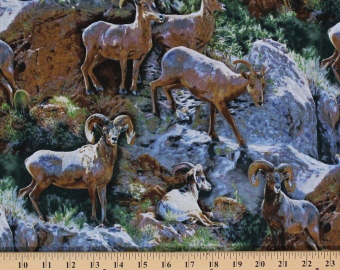 Springs Creative Wild Wings Rocky Grandeur Rams Horns Animals Scenic Mountan Premium Quality 100% Cotton Fabric (SC81XX)