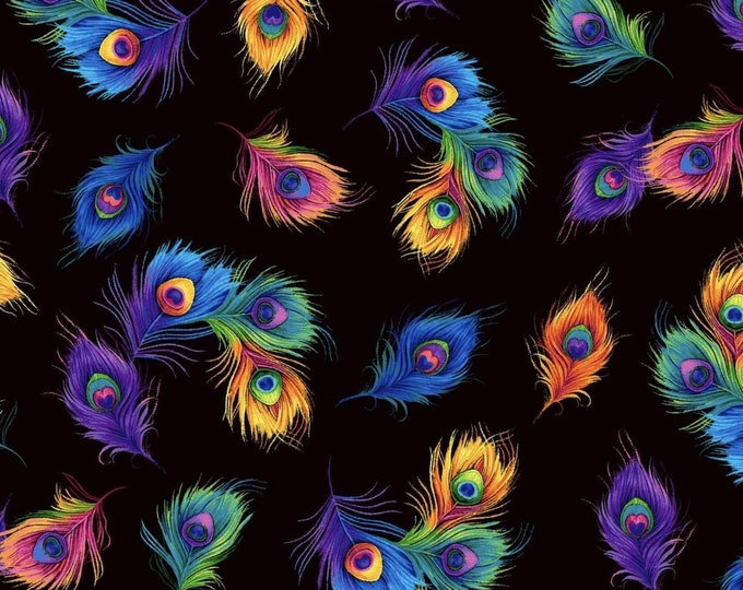 Timeless Treasures Fabrics Glow Tossed Rainbow Peacock Feathers PLUME-C8413 Premium Quality 100% Cotton Fabric (TT2XX)
