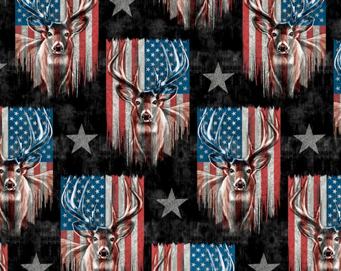 David Textiles American Patriotic Deer Multicolor Premium Quality 100% Cotton Fabric by The Yard. (DA10XX)