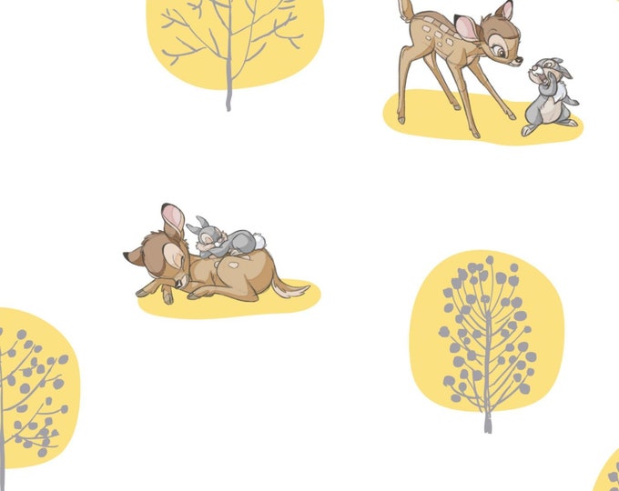 Camelot Fabrics Disney Bambi Fabric Forest Scene in Yellow Premium Quality 100% Cotton Fabric (CA332)
