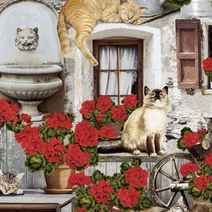 Timeless Treasures Porch Cats & Geraniums Multicolor Premium Quality 100% Cotton Fabric (TT6XX)