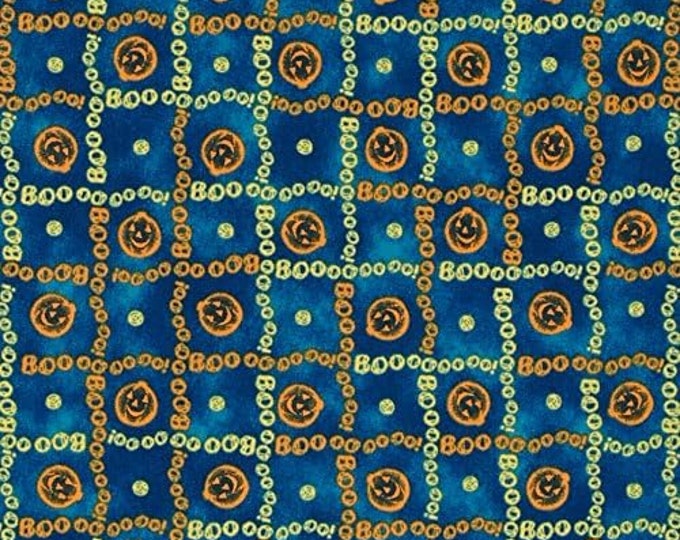 Quilting Treasures Charmed Pumpkin/Boo Plaid Blue Premium Quality 100% Cotton Fabric (QT114)