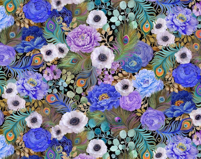 Quilting Treasures Flourish Peacock Feathers & Florals- Purple Premium Quality 100% Cotton Fabric (QT793TT)