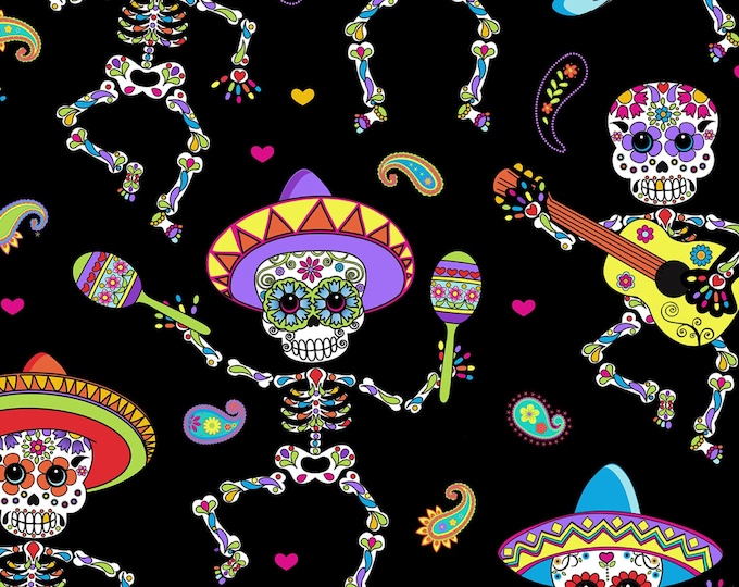 Timeless Treasures Dancing Skeletons Day of The Dead Black Premium Quality 100% Cotton Fabric by The Yard. (TT979)