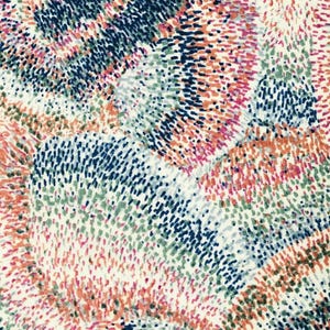 May include: Abstract fabric with a white background and a pattern of small, colorful dots in shades of blue, green, orange, and pink.