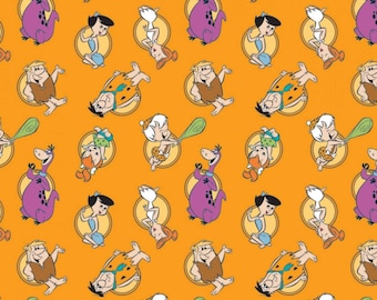 Camelot Fabrics The Flintstones 2 Stone Age Family Tossed Orange Premium Quality 100% Cotton Fabric (CA866KK)