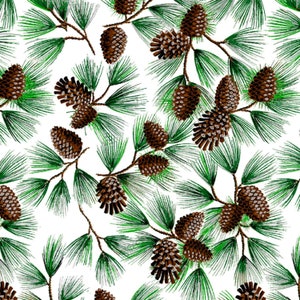 May include: A seamless pattern featuring brown pine cones and green pine needles on a white background. The pine cones are arranged in a random pattern, with some overlapping each other. The pine needles are long and thin, and they create a sense of depth and texture.