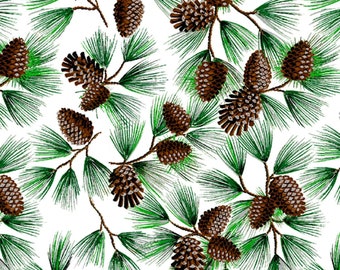 David Textiles Christmas Classic Pine Cones with Glitter White Premium Quality 100% Cotton Fabric (DA199KK)