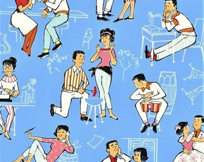 Windham Fabrics Going Steady Retro 50s Dating Blue Premium Quality 100% Cotton Fabric (M398)