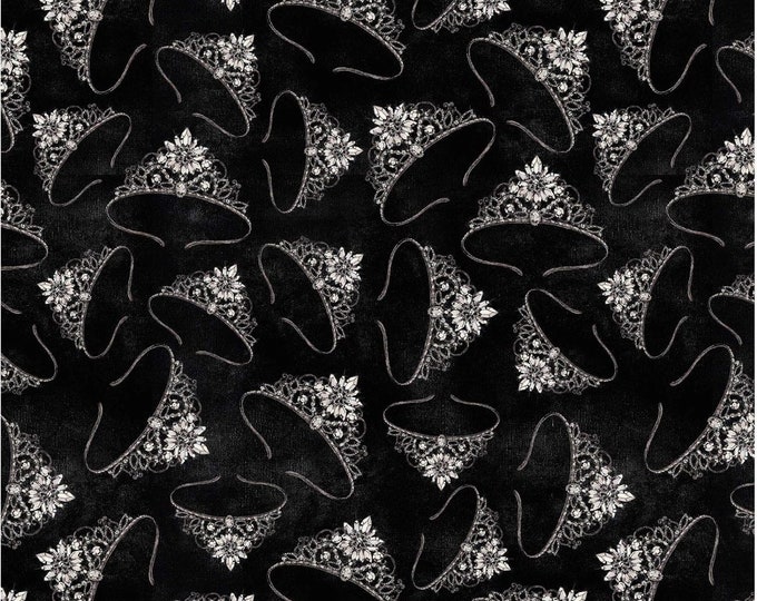David Textiles Fifth Avenue Glitter Tiaras on Black Premium Quality 100% Cotton Fabric (DA16)