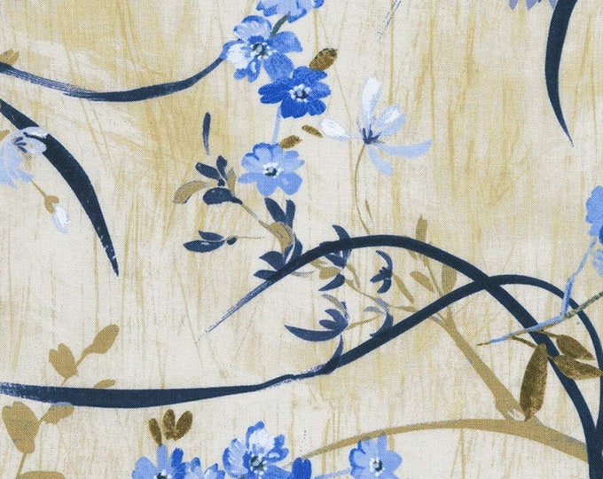 Timeless Treasures Fields Of Blue Flowers And Branches Natural Premium Quality 100% Cotton Fabric (TT704)