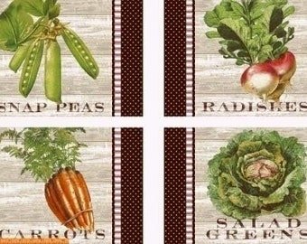 May include: Four illustrated images of vegetables on a woodgrain background with a brown and white checkered border. The images are of snap peas, radishes, carrots, and salad greens.