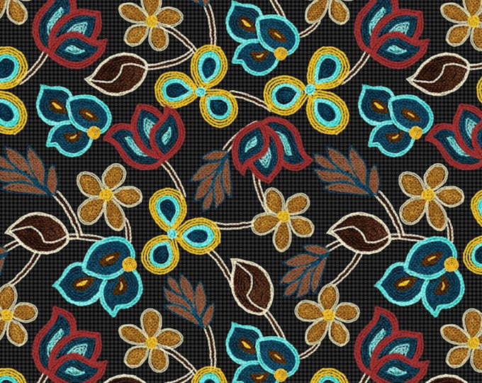 David Textiles Embroidered Petals Black/Multicolor Premium Quality 100% Cotton Fabric by The Yard. (DA25XX)