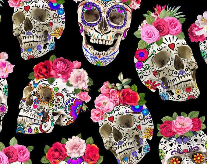 Timeless Treasures Digital Esperanza Day of The Dead Skulls with Flower Crowns Black Premium Quality 100% Cotton Fabric (TT167CC)