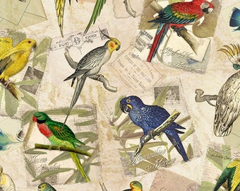 May include: A vintage style pattern featuring various colorful parrots and cockatoos on a background of old postcards and envelopes. The birds are depicted in a realistic style with intricate details.