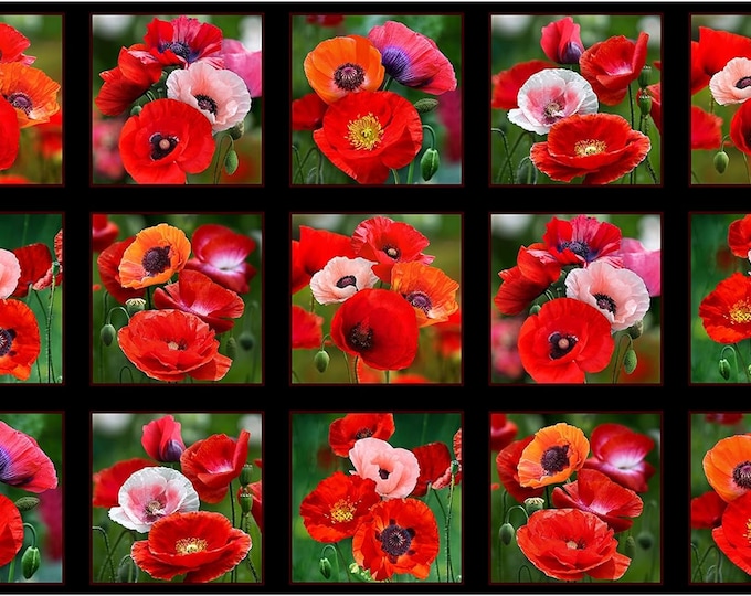Elizabeth's Studio Poppies 24in Panel Black Fabric, Black/Poppy/Peach Premium Quality 100% Cotton fabric by the Panel (ES266)