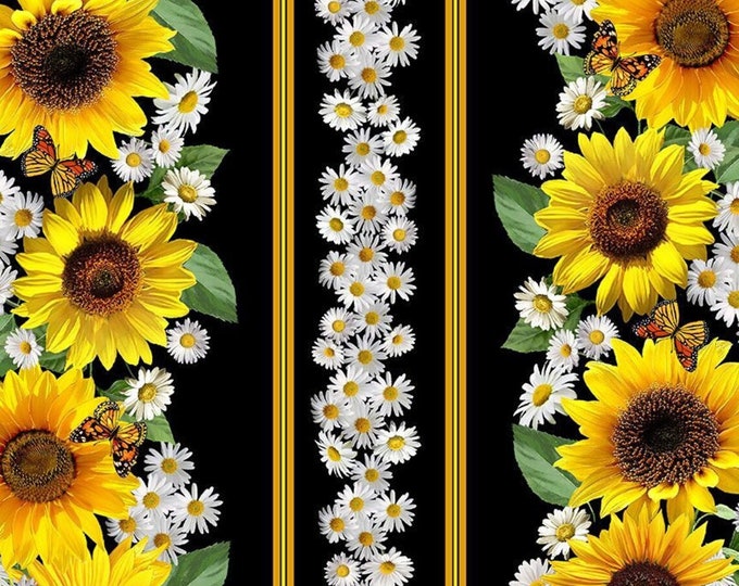 Timeless Treasures Sunflowers and Butterflies Stripes on Black Premium Quality 100% Cotton Fabric (QT853TT)