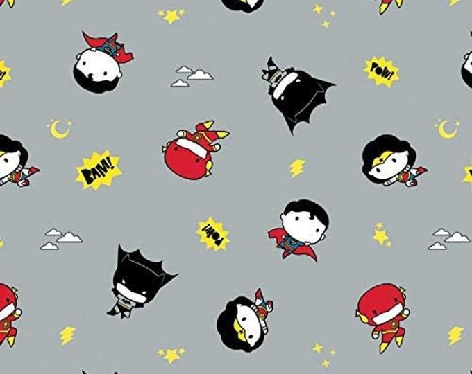 Camelot Fabrics DC Comics Fabric Justice League Tiny Heroes in Gray Premium Quality 100% Cotton Fabric (CA1267KK)