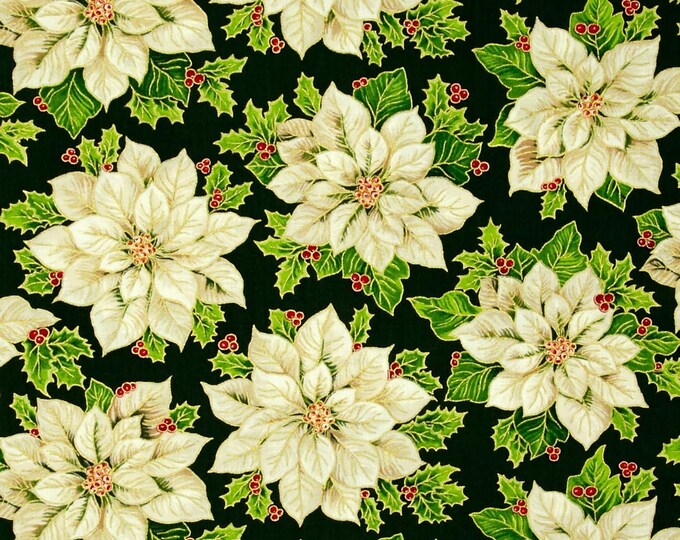 Fabri-Quilt A Happy Christmas Set Poinsettias Green Metallic Premium Quality 100% Cotton Fabric (FQ270)