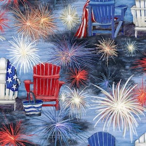 May include: A watercolor painting of a summer scene with red, white, and blue Adirondack chairs and fireworks in the background. The chairs are set against a blue sky with white clouds. The fireworks are exploding in the sky, creating a colorful display.