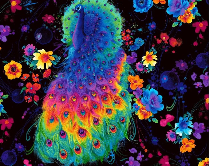 Timeless Treasures Rainbow Peacocks & Flowers Black Premium Quality 100% Cotton Fabric (TT1XX)