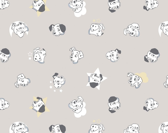 Camelot Fabrics Disney 101 Dalmatians Puppy Dogs Faces Light Grey Premium Quality 100% Cotton Fabric (CA24)