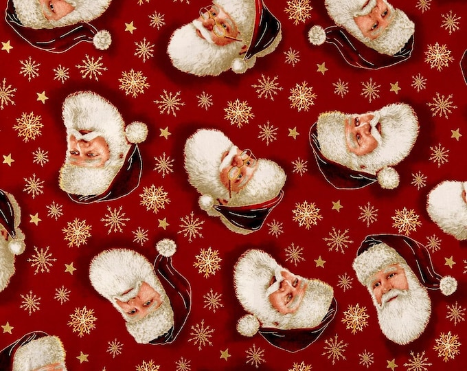 Quilting Treasures Christmas Eve Santa Head Toss Metallic Gold/Red Red Premium Quality 100% Cotton Fabric (QT1136KK)