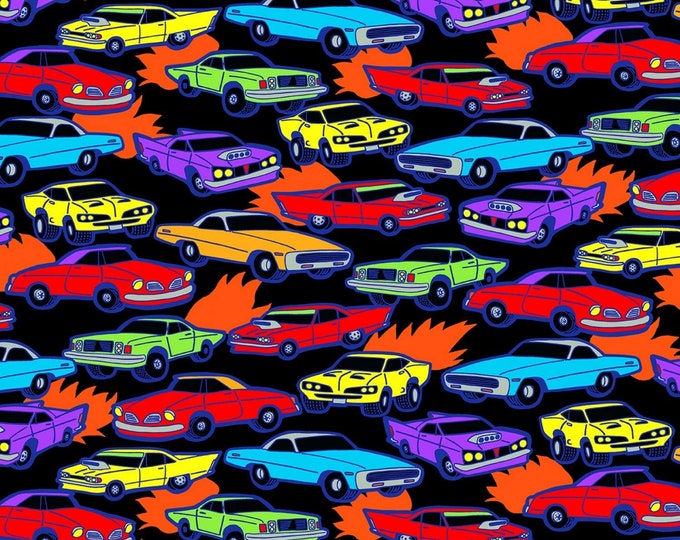Timeless Treasures Bright Race Cars Black Premium Quality 100% Cotton Fabric (TT1194KK)